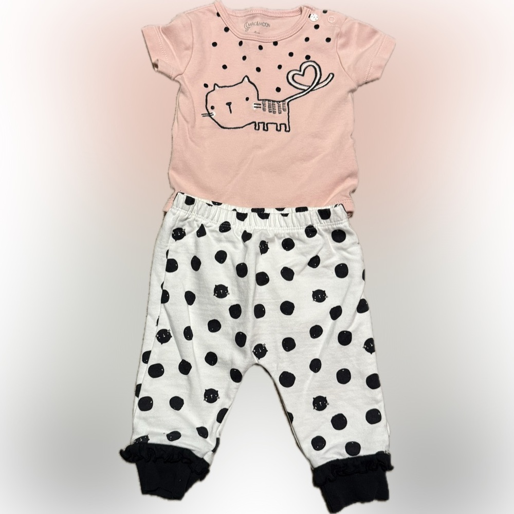 Mac & Moon Cat Heart Pink Onesie and Polka Dot Pants Set
